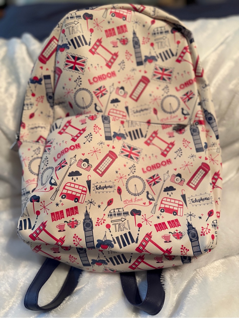London Print Backpack - Cream with Red & Navy Icons